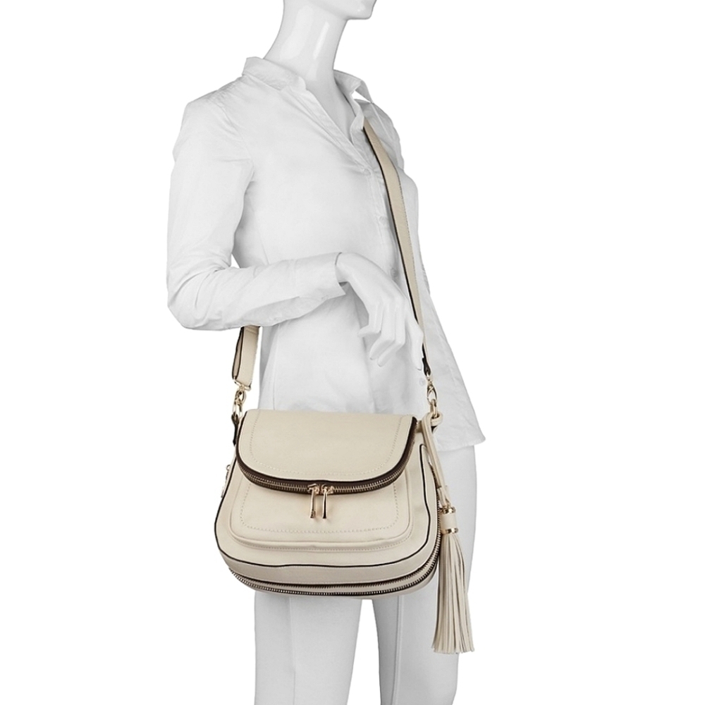 Aldo Cream White Saddle Crossbody Tassel Bag